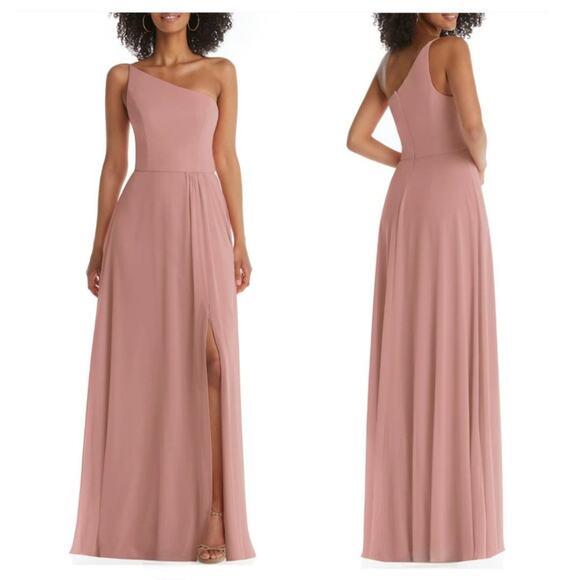 After Six Women's One-Shoulder Chiffon Gown with Thigh High Slit Desert Rose - Picture 1 of 8